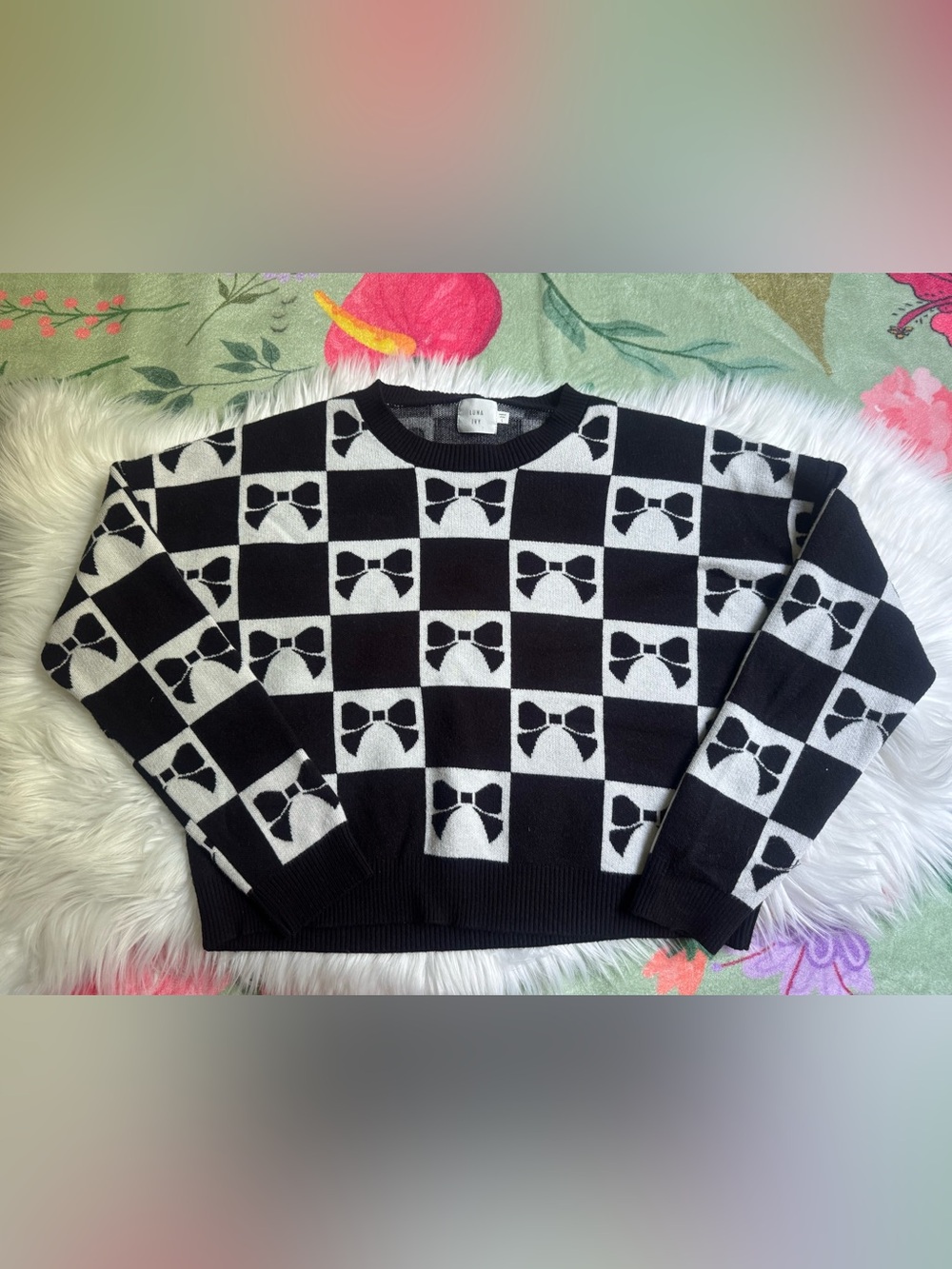 Anthropologie Black and White Bow-Check Crewneck Sweater